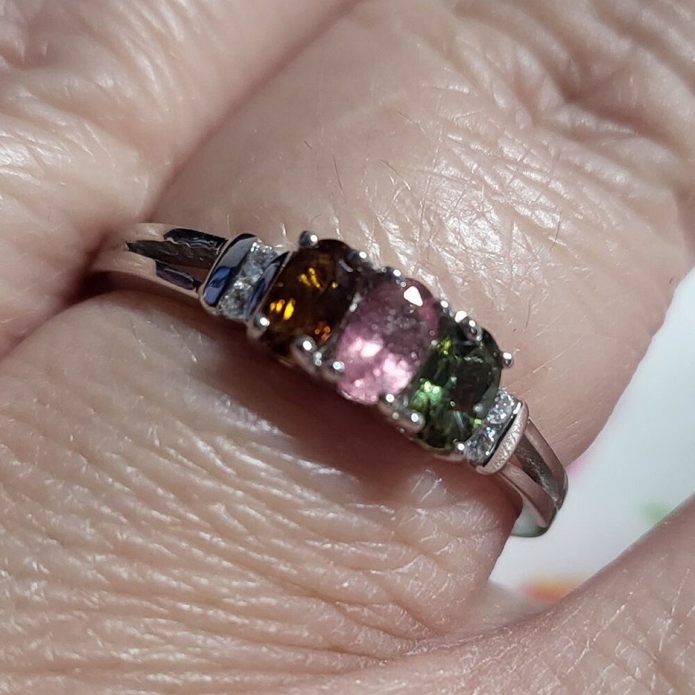 Multi-Tourmaline & White Zircon Trilogy Sterling Silver Ring